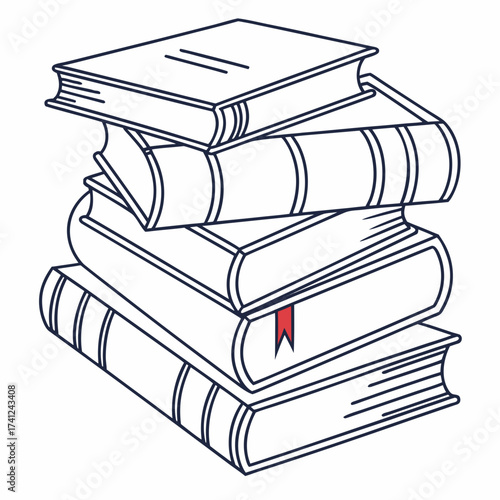A stack of classic hardcover books with a red bookmark protruding from one volume