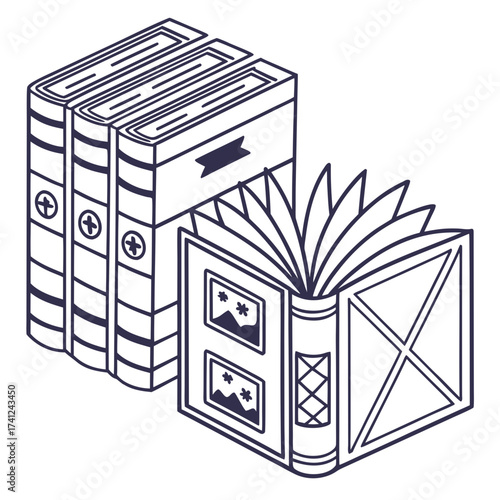 A stack of vintage books next to an open book with pages fanned out and framed pictures