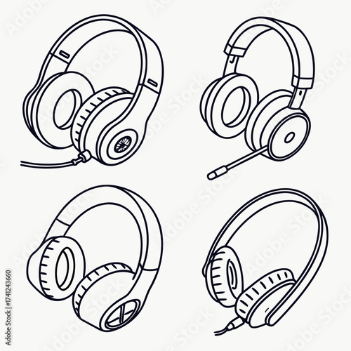 Collection of four different outline drawings of headphones and headsets on a white background