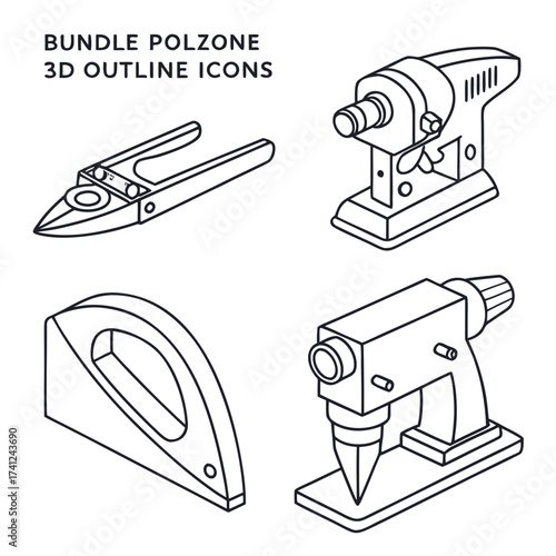 Collection of four distinct 3d outline icons representing various tools and equipment