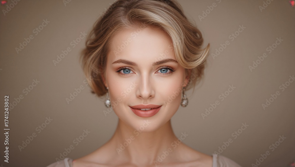 custom made wallpaper toronto digitalClose-up portrait of a young woman with blonde hair styled elegantly, featuring sparkling blue eyes, soft makeup, and wearing pearl earrings against a neutral background.