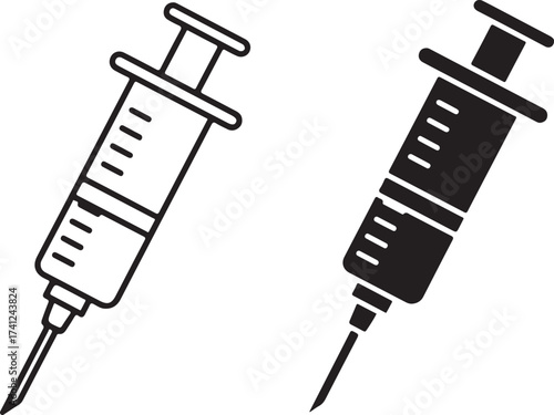Vector art of two syringes, one in black and one in white, , represent medical equipment used for injections, vaccinations, or drawing blood for tests in healthcare settings on