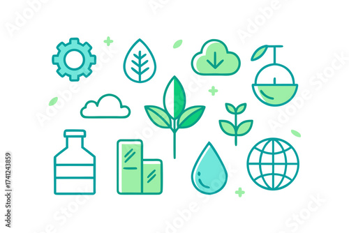 set of ecology icons with green leaves