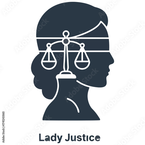This graphic icon depicts Lady Justice in profile wearing a blindfold with a scale as a symbol of justice, fairness, and impartiality in the judicial system. Representing law, legal profession