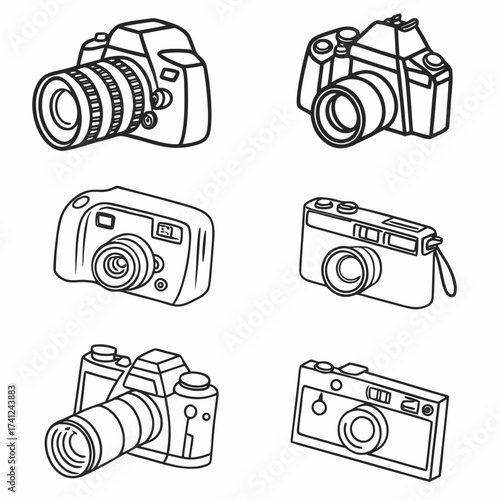Collection of six different styles of vintage and modern cameras drawn in a simple black and white outline style
