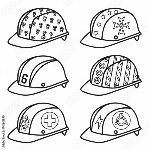 Collection of six distinct black and white line art illustrations of hard hats with varied decorative patterns and symbols