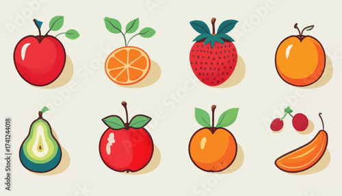 A set of eight colorful, stylized fruit icons including apple, orange, strawberry, pear, and banana, arranged in two rows.