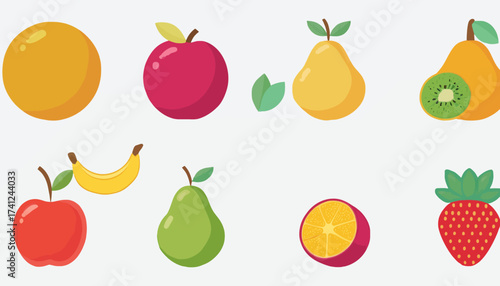 A vibrant collection of colorful, stylized fruit illustrations including apples, pears, bananas, oranges, kiwi, and strawberries, presented against a clean white background.