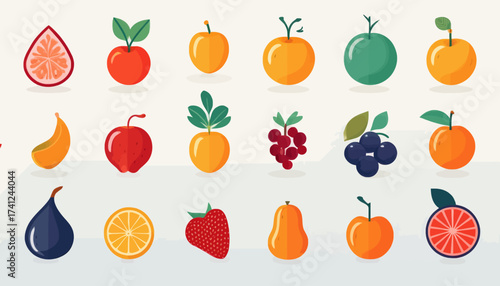 A colorful collection of various stylized fruit icons arranged in rows on a light background.