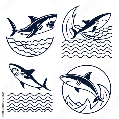 Collection of stylized shark illustrations in various dynamic poses above ocean waves
