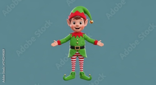 Cheerful christmas elf with green suit and hat on a blue background