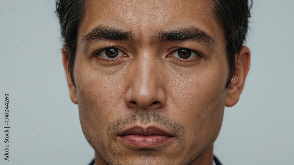 Obraz premium Portrait of an Asian man with a puffy swollen eye and noticeable brow crack expressing a serious demeanor against a neutral background.