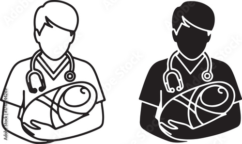 Illustration of a doctor holding a newborn baby, available in both black and white versions, ideal for medical, pediatric, or family related designs and projects 