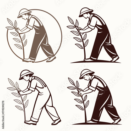 Farmer tending to a young plant stylized illustration in four variations for agriculture and growth concepts