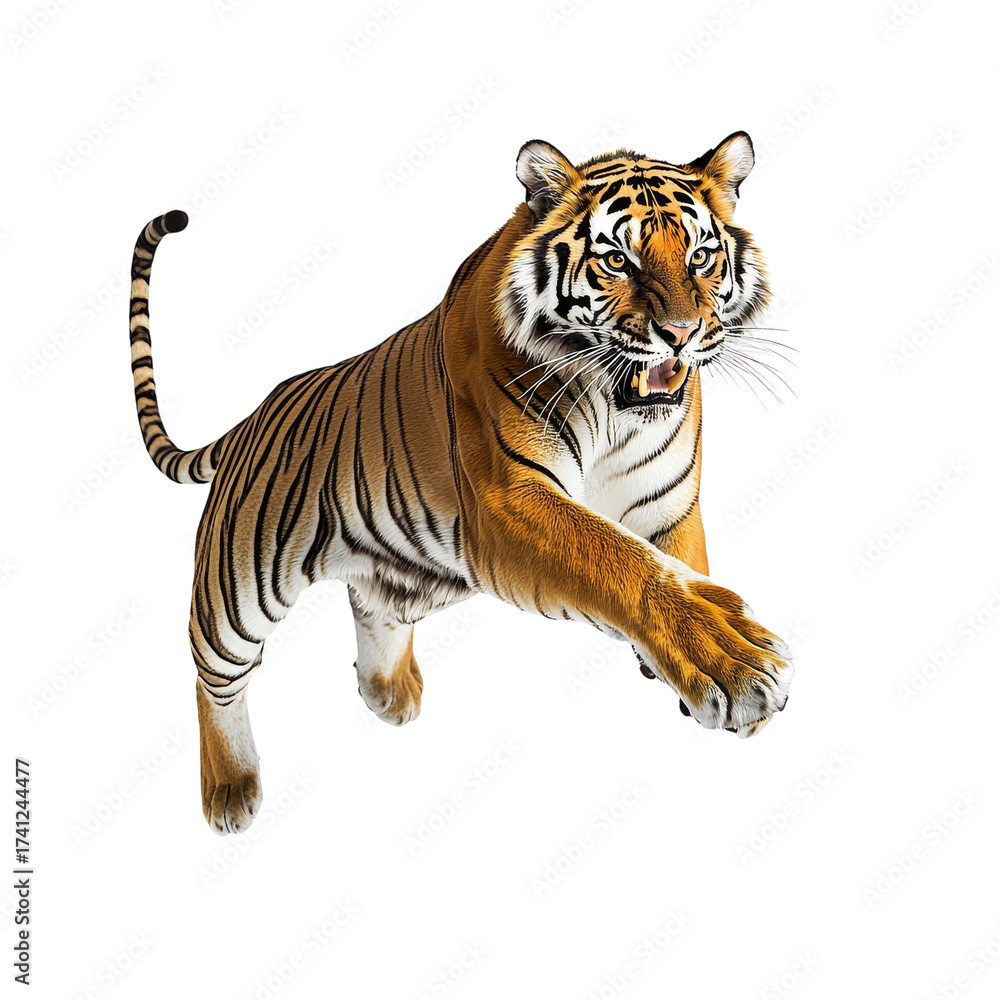 Fototapeta premium Magnificent Bengal tiger leaping forward with power and agility on white