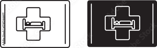 Illustration of a hospital bed symbol with a cross, available in black and white, suitable for healthcare, medical, and hospitalrelated designs and projects on