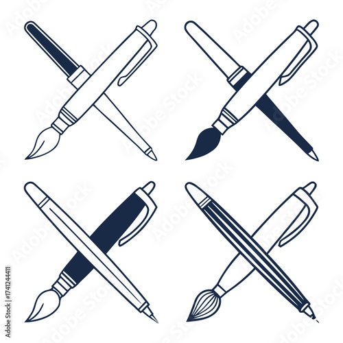 Four stylized icons of crossed pens and paintbrushes representing art and writing tools
