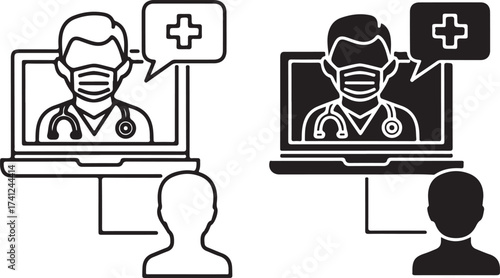 Doctor consultation Vector art of black and white illustration of a telemedicine consultation with a doctor on a laptop screen, showcasing virtual healthcare and remote medical assistance on