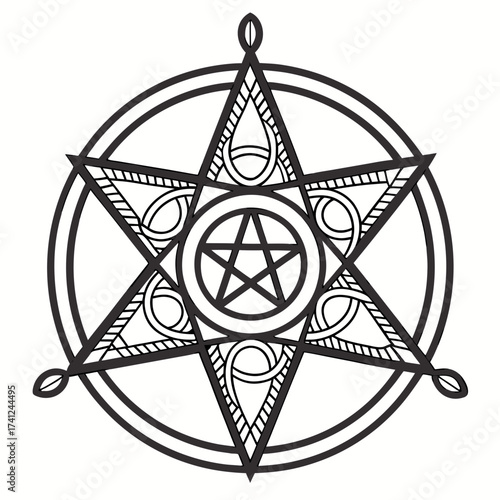 Intricate black and white hexagram symbol with inner pentagram and circular design elements