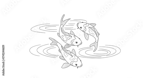 Illustration of koi fish swimming in a pond with rippling water 