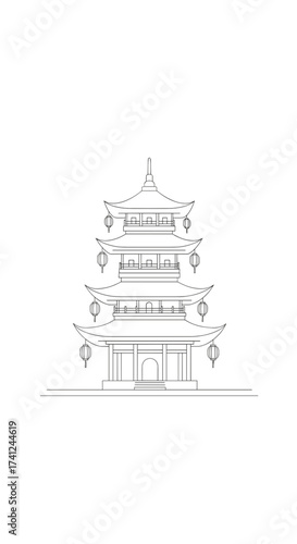 Outline illustration of a pagoda with lanterns 