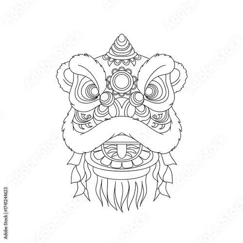 Illustration of a lion dance costume head with intricate patterns on a white background