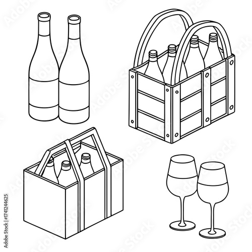 Set of isometric line art illustrations depicting wine bottles carriers and glasses for beverage and celebration themes