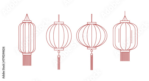 Collection of four red lanterns in traditional design on a white background