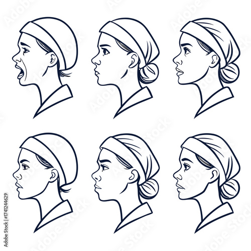 Set of six profile view illustrations of a young woman s face showing different emotions and expressions