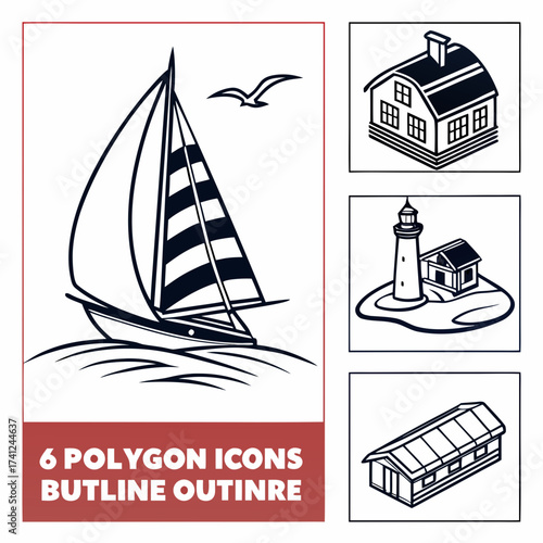 Set of six simple outline polygon icons featuring a sailboat house lighthouse and greenhouse