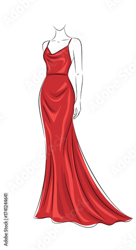 Elegant line art of a red satin evening dress on a mannequin
