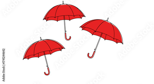 Vibrant illustration of three red umbrellas against a white background