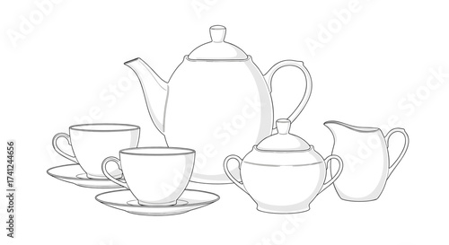 Elegant line art of a porcelain tea set including teapot and cups