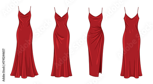 Collection of elegant red silk dresses in various styles