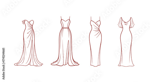 Elegant line art collection of four different evening dresses