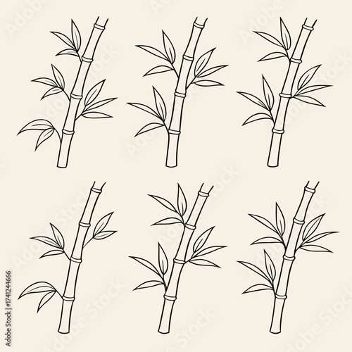 Simple black and white line art illustration of bamboo stalks with leaves arranged in a repeating pattern