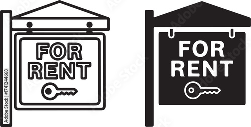 Vector art of for rent sign icon set real estate, house rental concept vector illustration of a for rent sign in black and white key, home, property, apartment, lease, landlord on