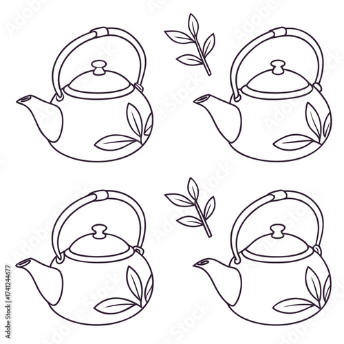 Simple line art pattern of japanese teapots and tea leaves on a white background