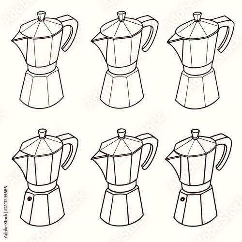 Six simple line art illustrations of classic italian moka pots arranged in two rows on a plain background