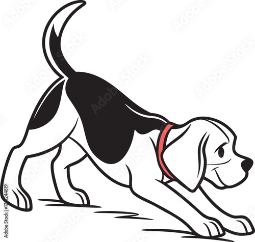 Playful Beagle Puppy Dog Stretching Cartoon Vector Illustration Isolated Art.
