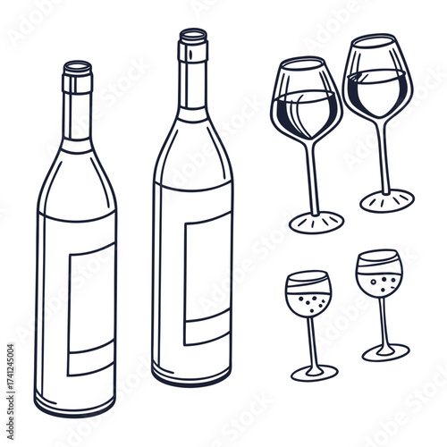 Stylized line art illustration of two wine bottles and four wine glasses on a white background