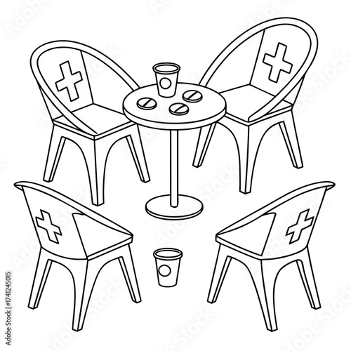 Stylized line art illustration of outdoor cafe seating with chairs featuring a medical cross symbol