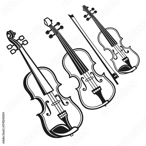 Three black and white outline illustrations of violins and a bow arranged diagonally on a white background