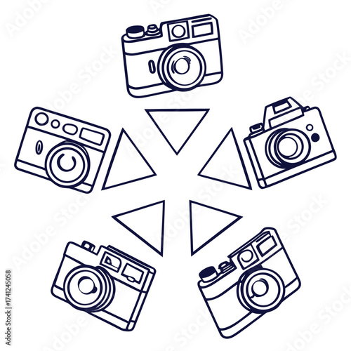 Stylized line art illustration of vintage cameras arranged in a circular pattern with geometric shapes