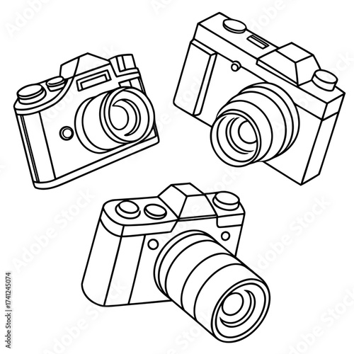 Three stylized line art illustrations of vintage cameras arranged in a dynamic composition on a white background