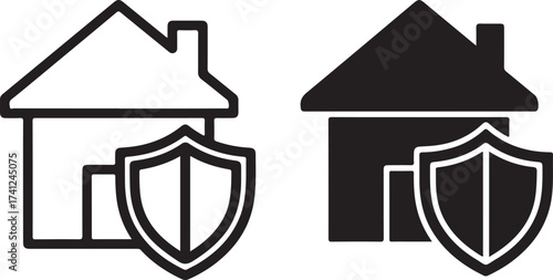 Vector art of illustration featuring a house protected by a shield, presented in both black and white line art, the design represents home security, suitable for insurance or safety 
