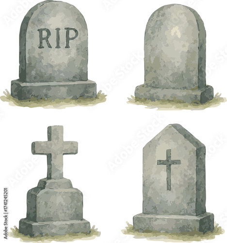Collection of Watercolor vector illustrations of tombstones
