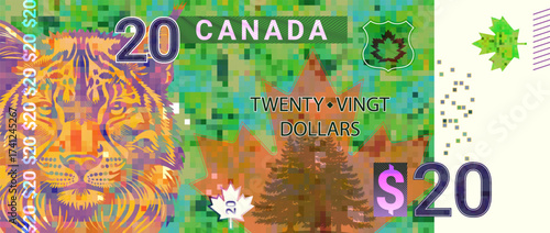 Vector fictional colored pixel mosaic banknote, denomination of 20 Canadian dollars. Head of lynx. Symbol of Canada, maple leaf. Spruce. Twenty. Green obverse of note