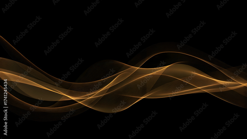 Naklejka premium Golden Luminous Waves Abstract Background: Elegant Flowing Light Lines for Modern Digital Design, Technology, Luxury, and Celebration Concepts on a Dark Backdrop