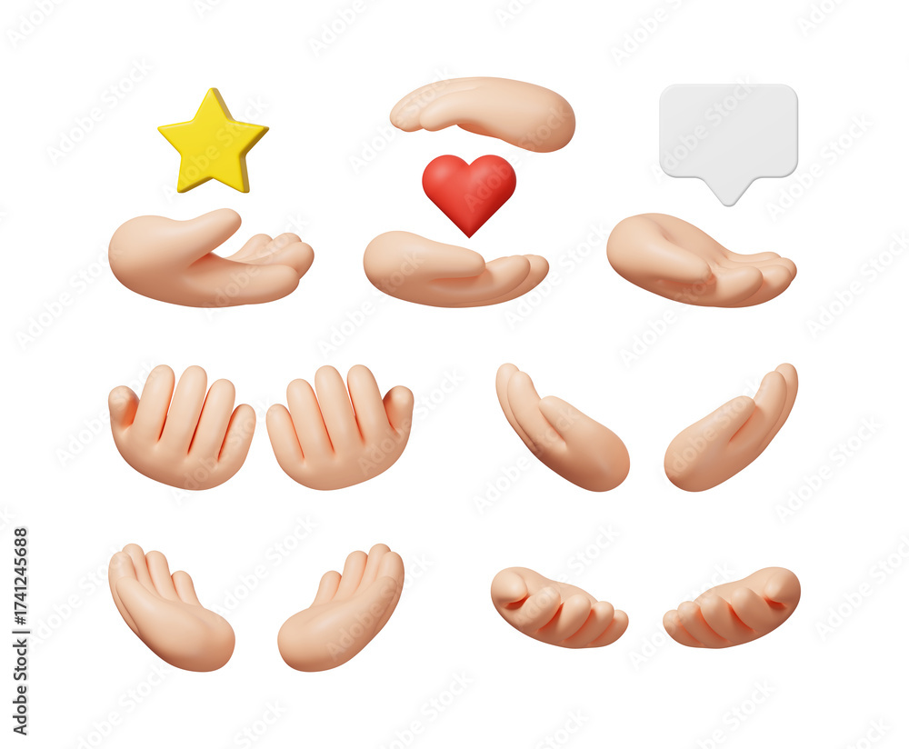 Fototapeta premium 3D Clay Hands Holding and Supporting Objects Set, Cute Cartoon Style for Social Media and Marketing